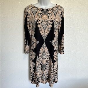 London Times Cream and Gold Sheath Dress with 3/4 Sleeves Size 10